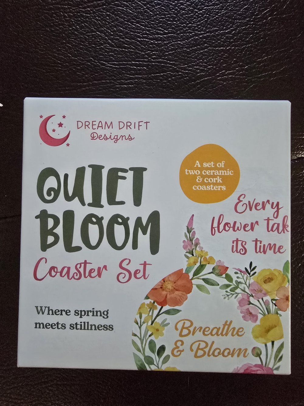 Dream Drift Designs Quiet Bloom Coaster Set - White, Green, Pink, Yellow, Orange